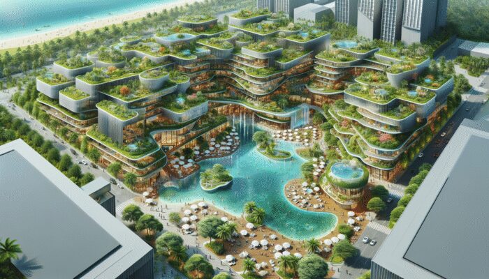 Aerial view of Ramon's Resort in 2025, showcasing eco-friendly architecture, tropical gardens, and luxurious amenities.