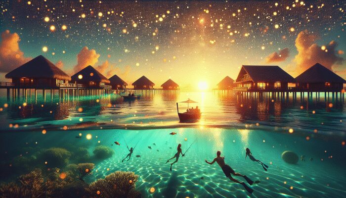 A serene Ramon's Resort during off-peak season, featuring fewer guests and personalized service, early bookers diving at sunrise.