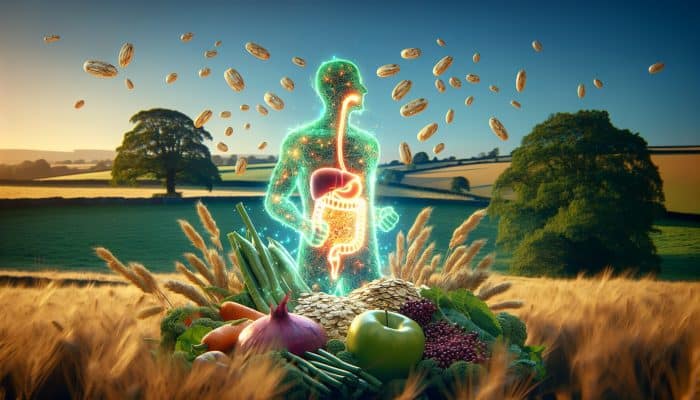 Illustration of fiber-rich foods enhancing digestive system, UK countryside background.