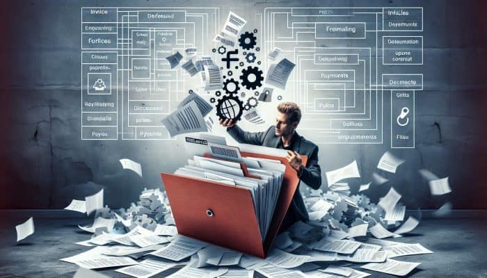 Debt Consolidation Loan Stories from Freelancers: UK Experiences | DCL Debt Consolidation Loan Stories from Freelancers: Freelancer consolidating scattered invoices into a single folder labeled 'Debt Consolidation'.