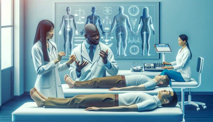 A modern acupuncture clinic with specialists discussing weight loss advantages, patients receiving treatment, and efficacy charts.