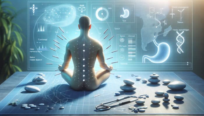 Acupuncture session focused on metabolism with needles placed on spleen and stomach points, clinical environment showcasing hormonal diagrams.