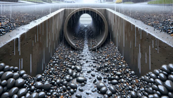 A well-maintained French drain system in South Vancouver featuring clear pipes, neat gravel, and an unobstructed outlet during a rainy day.