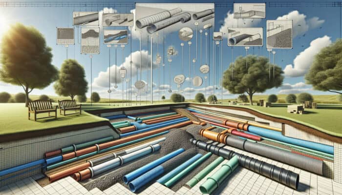 Illustration of French drain installation in a backyard, showcasing PVC and solid-wall pipes, with labeled cost factors.