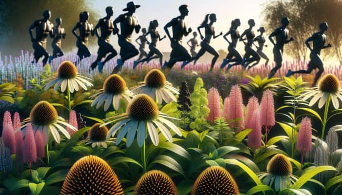 Echinacea and elderberry plants with athletes, symbolizing immunity and vitality.