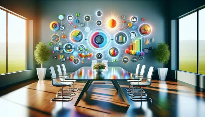 A digital dashboard showing SEO metrics including organic traffic, keyword rankings, and conversion rates, with logos of Google Analytics, Ahrefs, and SEMrush.