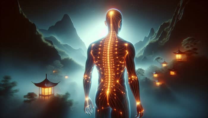 Artistic visualization of the human body with highlighted acupuncture meridians, set against a tranquil Chinese background.