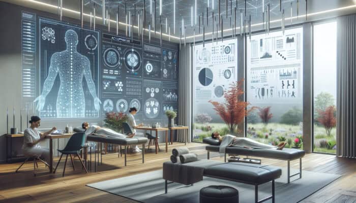A calming clinic room in the UK with patients receiving acupuncture, surrounded by modern technology and natural elements, representing holistic health and wellness.