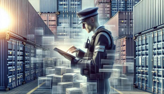 A customs officer at a UK port reviewing legal documents and classifying items using a tablet, surrounded by shipping containers and legal texts.