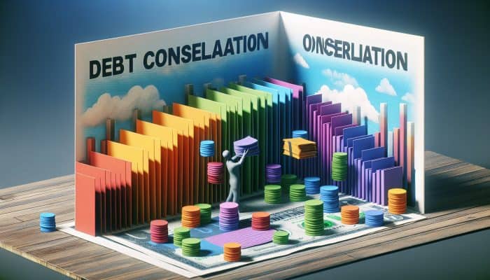 How to Negotiate with Debt Consolidation Lenders: UK Guide | DCL How to Negotiate with Debt Consolidation Lenders: A person consolidating colorful debt papers into one file, leading to a serene financial landscape.