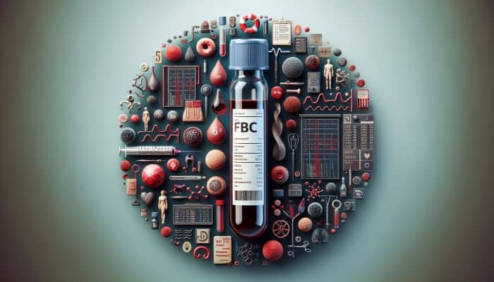 Illustration of FBC blood test vial with fatigue, weakness, infection icons, health chart, and surgical tools.