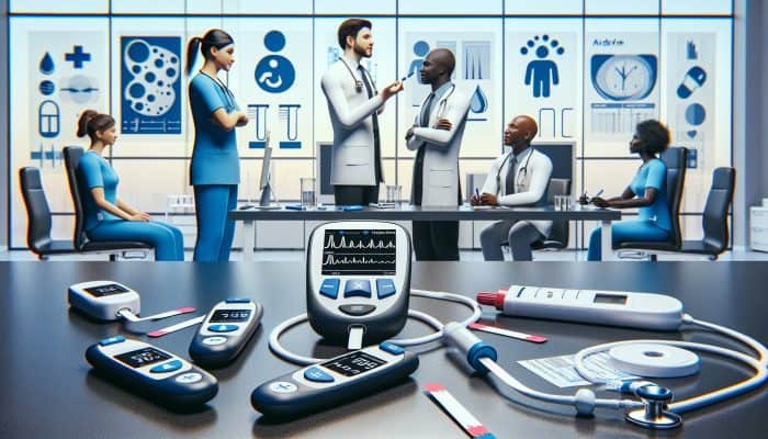 Diabetes Blood Testing in Airdrie: Infographic showcasing glucose meters, test strips, and medical professionals.