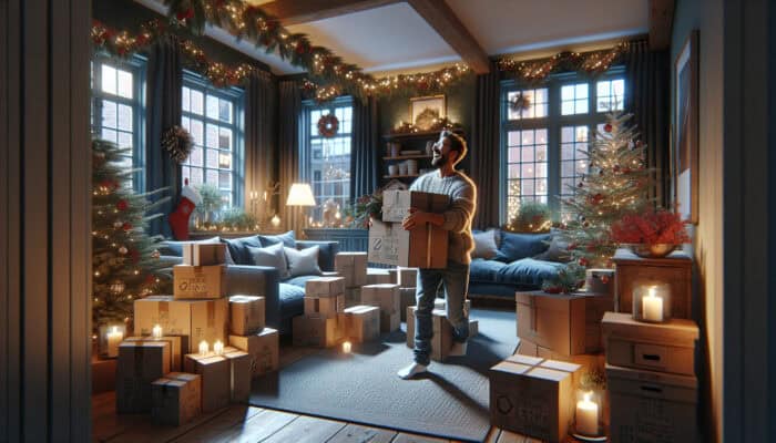 A person joyfully clearing space in a festively decorated UK home interior for Christmas.