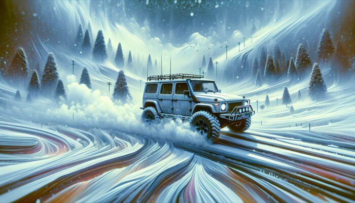 A rugged SUV with snow tires and a powerful heating system driving safely through icy, snowy roads.