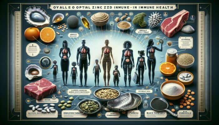 Infographic illustrating zinc's significance in immune health, optimal dosages for different demographics, and dietary sources.