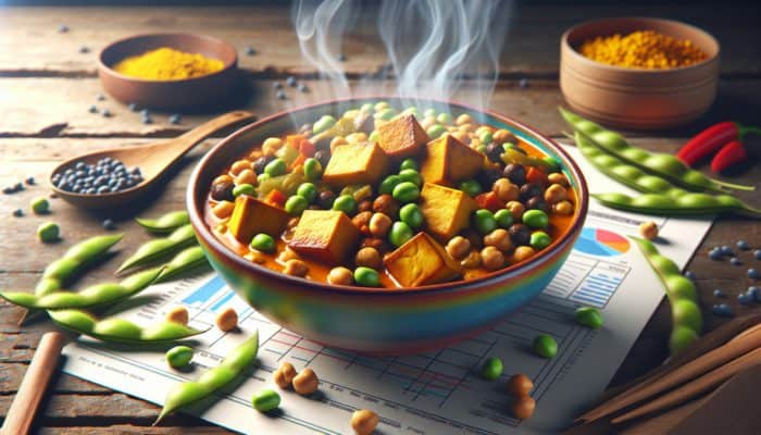 A colorful curry with tofu, chickpeas, lentils, and edamame in a bowl on a rustic table.