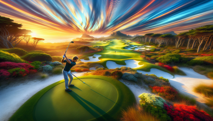 A golfer in South Africa selecting a wedge on a course transitioning from coastal links to lush inland parklands.