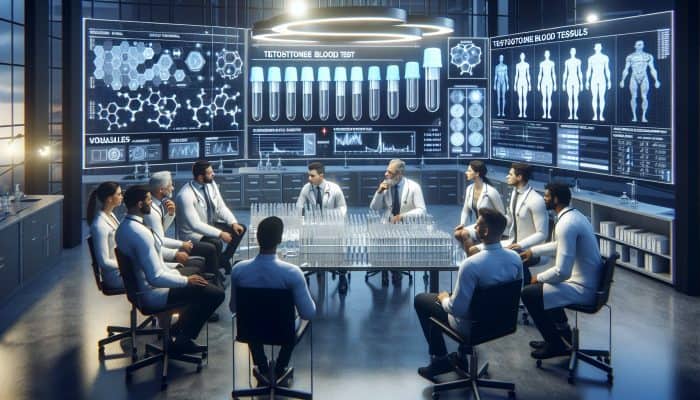 Testosterone Blood Test in Blackburn: Medical experts engage in discussions over testosterone blood test results in a Blackburn laboratory, surrounded by test tubes, graphs, and charts.