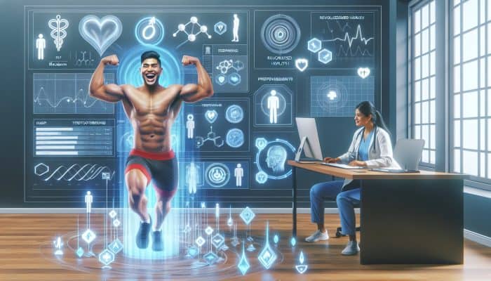 In a contemporary Blackburn clinic, a cheerful patient flexes muscles while a doctor reviews testosterone test results on a screen alongside research charts.