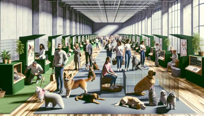 Organized pet adoption fair with expert-designed booths, calm animals, and engaged visitors.