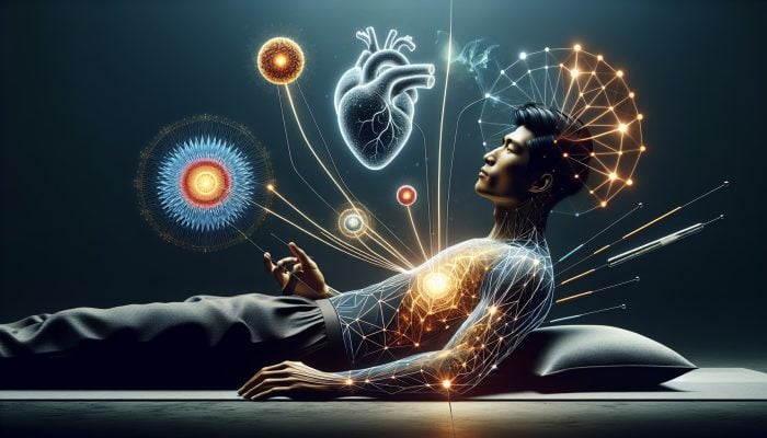 A serene man receiving acupuncture with symbols of health like a heart, immune cells, and a stress-free mind connected by flowing lines.