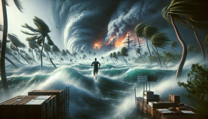 Facing Survival Uncertainty: Resilient individual braves chaotic Caribbean hurricane with wind-swept palm trees and turbulent waves, as distant Australian wildfires rage under smoky skies.