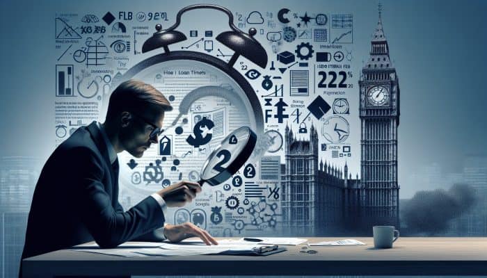 A person analyzing a loan contract with a magnifying glass, surrounded by UK landmarks like Big Ben.