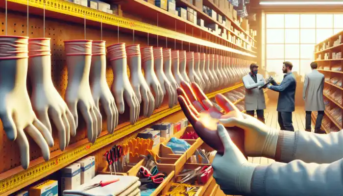 A bright UK glove shop with shelves stocked with various latex gauntlet gloves, while a consultant measures a hand for fit and safety.