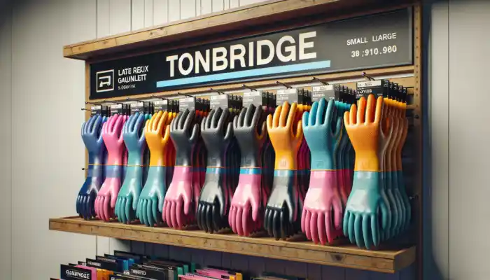 A display of latex gauntlet gloves in various sizes from small to extra-large, featuring long cuffs and textured grips, presented in multiple colors on a Tonbridge shelf.